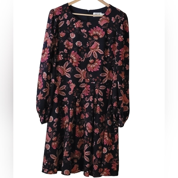 Eliza J Plus Size Floral Paisley Print Drop Waist Dress With Pockets Navy Multi - Picture 3 of 8
